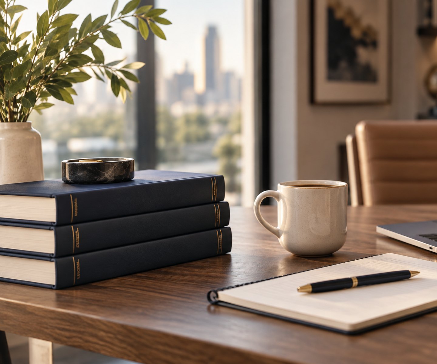 A warm work surface with a notebook, a laptop, printed guides, meeting materials, a planner, and a mug