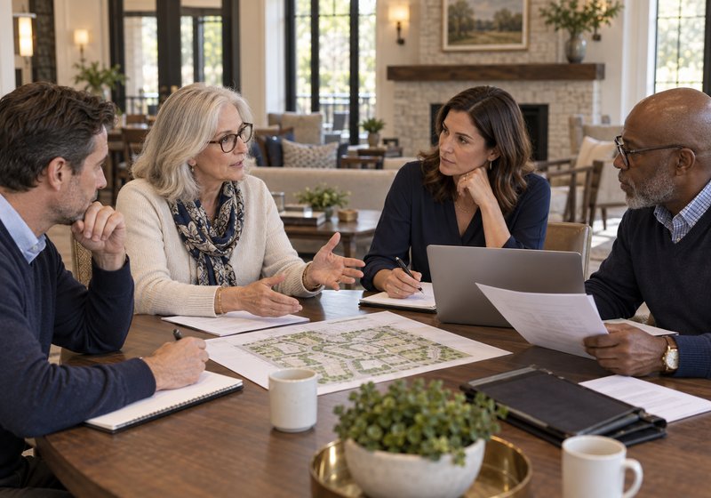 An HOA board in discussion over a printed agenda and site plan