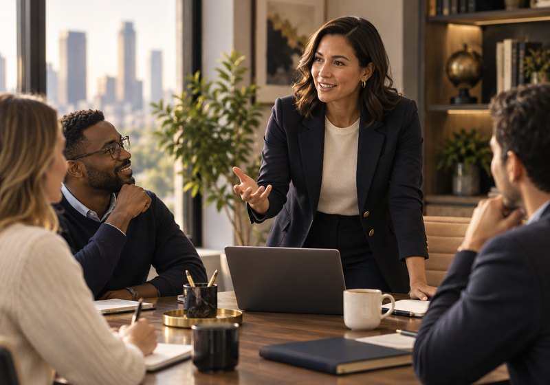A manager listening to a small team around a table