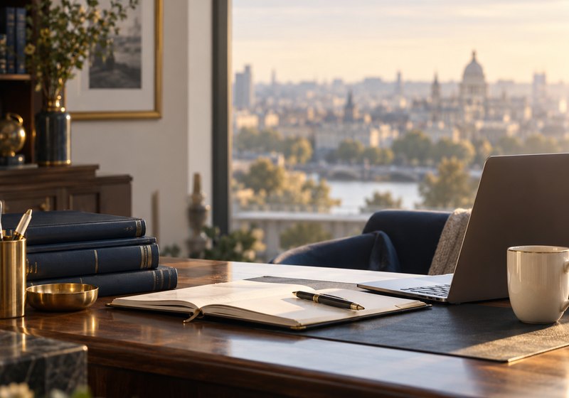 A small-business owner reviewing cash flow with a ledger and laptop