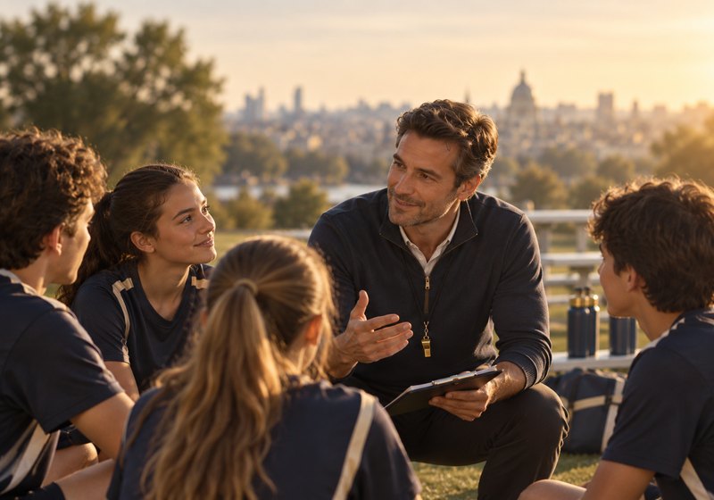 A youth-sports organizer handling schedules and registrations at a folding table